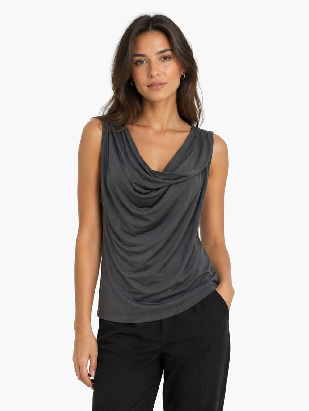 Worthington: Grey Sleeveless Blouse With Ruching And Plunging Neckline Size PM— Preloved