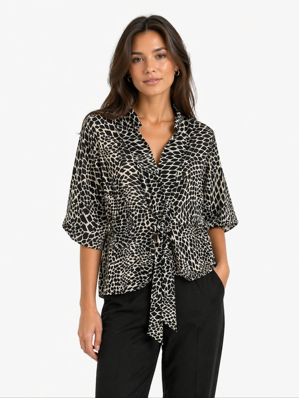 Emma James Black and White Geometric Design Blouse Front Tie Size 14— Preloved