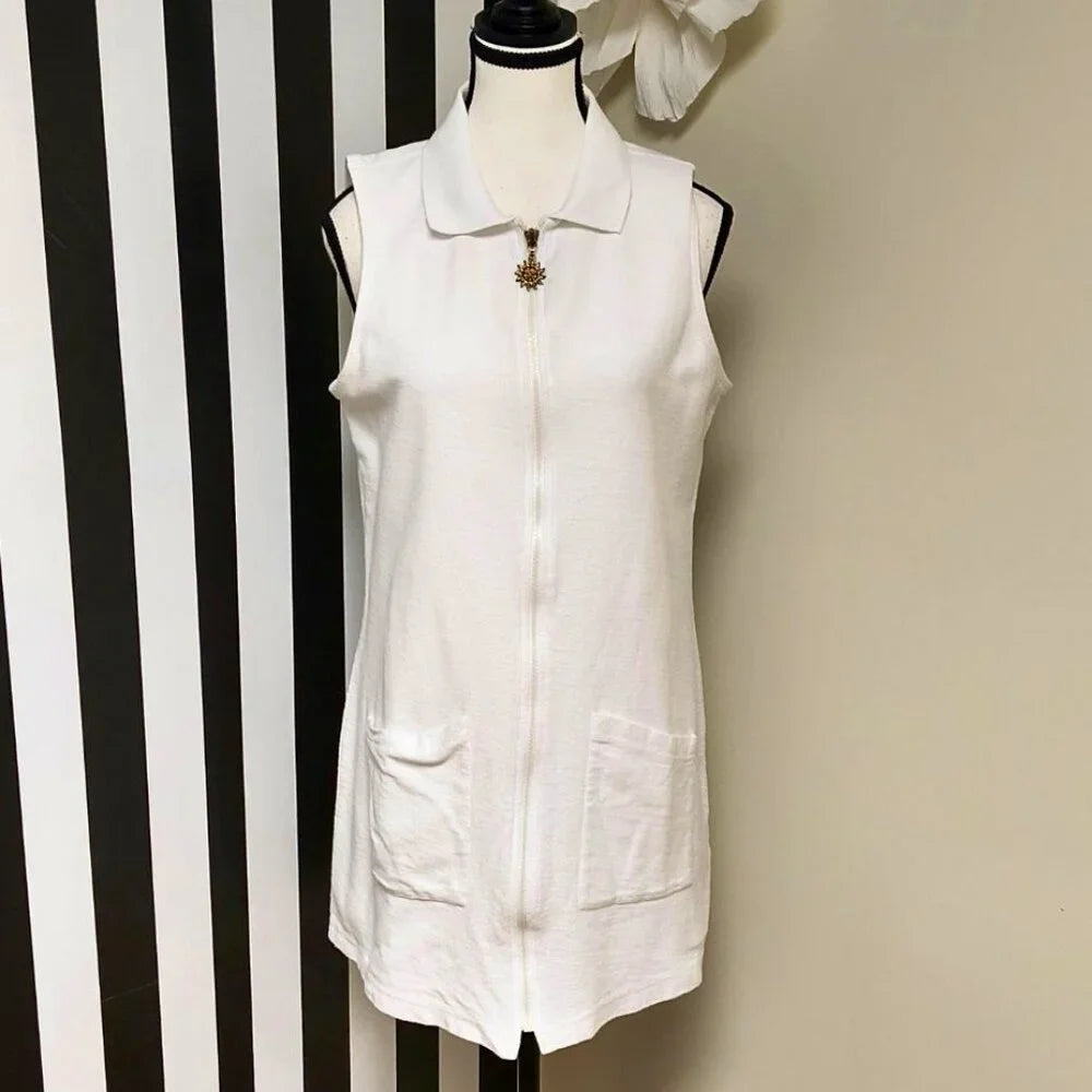 Kathy Ireland White Front Zipper Down Swimsuit Cover Size Medium— Preloved