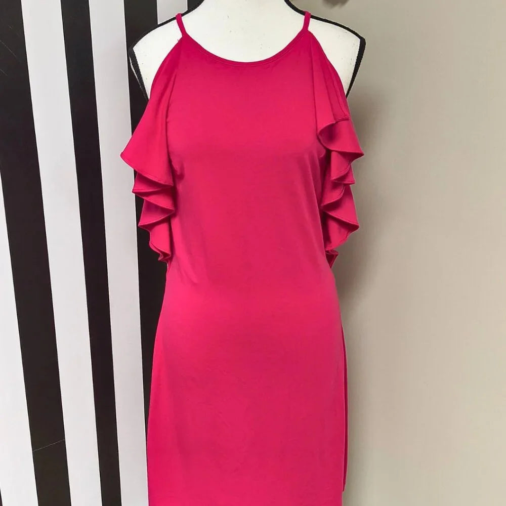 Ann Taylor Hot Pink Ruffled Sleeve Dress Size 2— Preloved