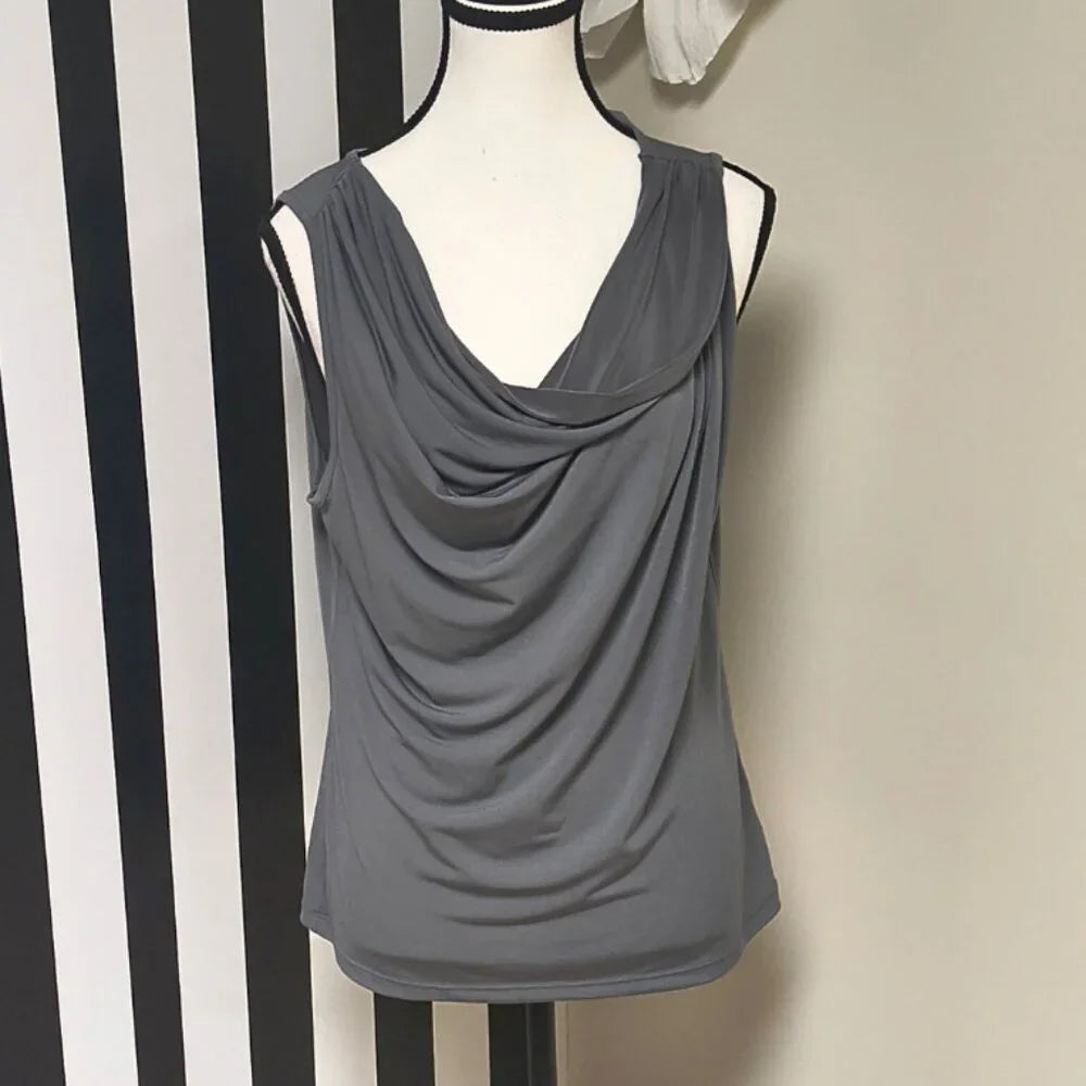 Worthington: Grey Sleeveless Blouse With Ruching And Plunging Neckline Size PM— Preloved