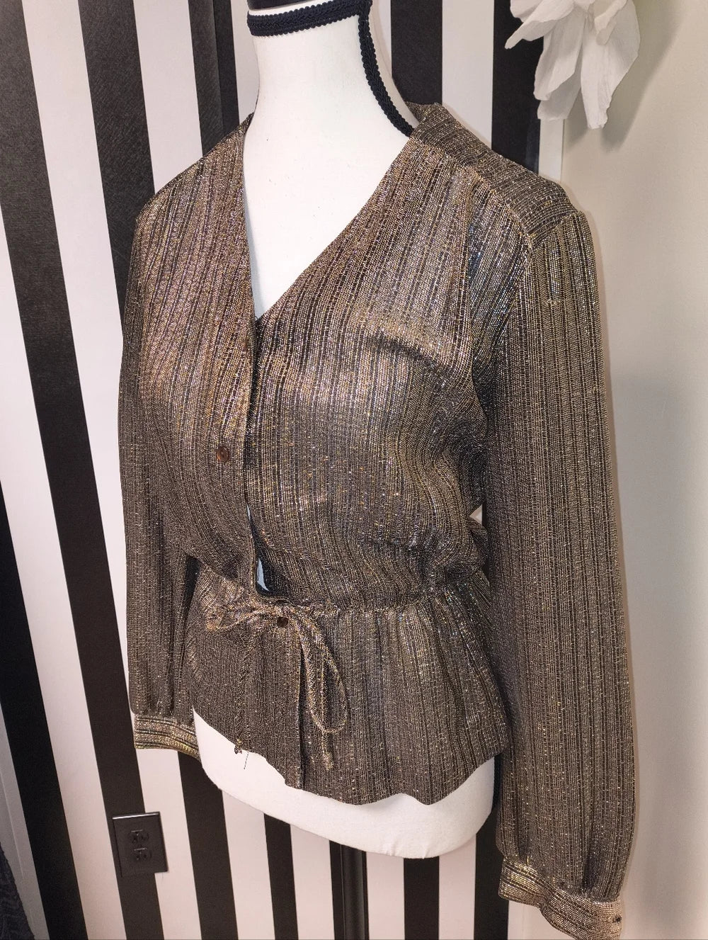 Teddi of California Vintage Shimmery Brown V-Neck Tie-Waist Blouse Size 10— Preloved