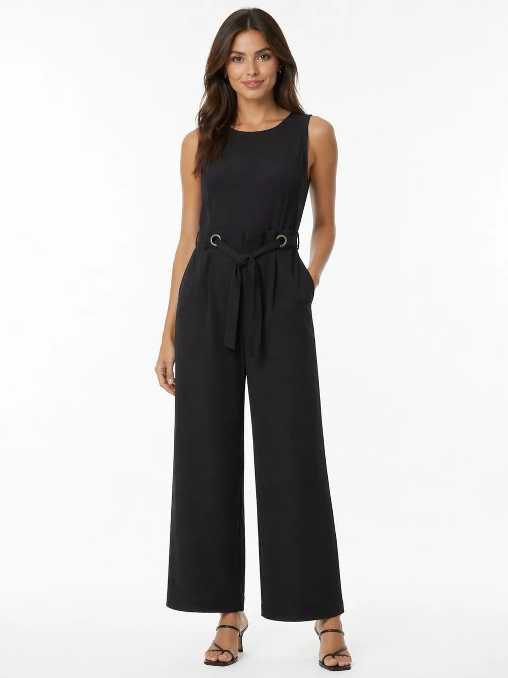 Apt. 9 Women's Sleeveless Black Wide-Leg Jumpsuit with Tie Waist Size 4— Preloved